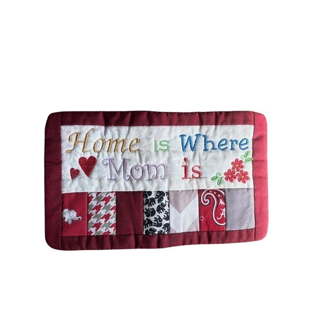 Handmade Home Is Where Mom Is Quilted Wall Hanging Tapestry Patchwork Burgundy